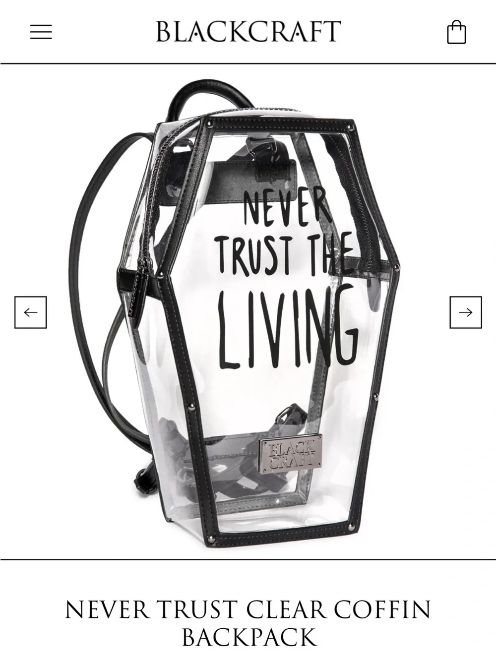 Never Trust the Living clear coffin backpack